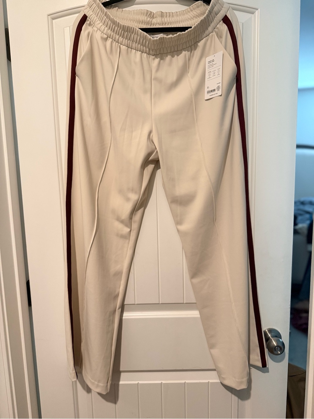 Athleta Cream Track Pants with Burgundy Side Stripe - Women's Athletic Trousers